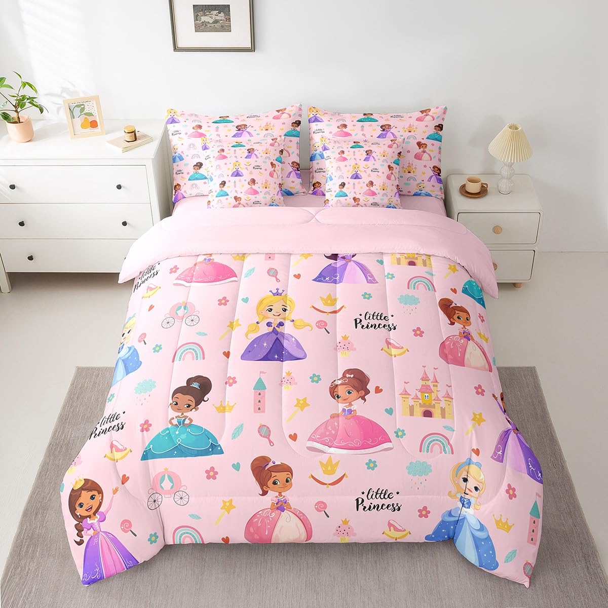 Erosebridal Kids Magical Princess 7 Piece Twin Comforter Set Bed in a Bag, Girly Cute Castle Microfiber Bedding for Sofa, Cartoon Rainbow Fitted Sheets Set for Kids Girls, Pink Princess Bed Set