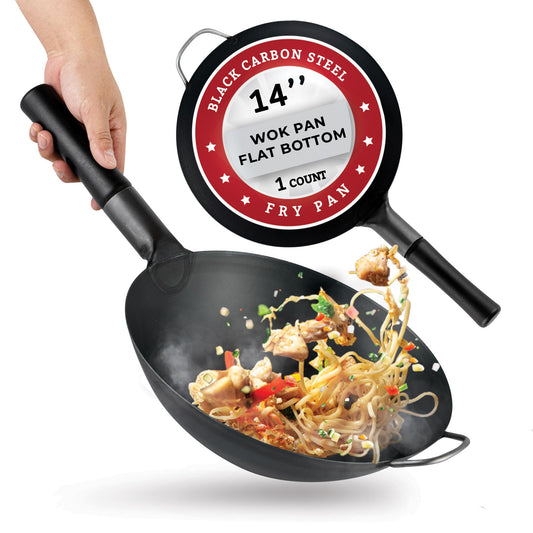 Restaurantware Carbon Steel Wok 1 Pack of 14 Inch Heavy-Duty Uniform Heat Distribution Pan Induction Compatible Round Bottom Wok Welded Handle Black For Gas Stovetops And Grills