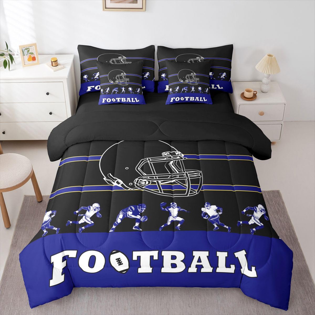 Erosebridal 7 Pieces Bed in a Bag King Comforter Set with Sheets, Football Design Bedding Sets for All Season,1 Comforter, 2 Cushion Covers, 1 Flat Sheet, 1 Fitted Sheet, 2 Pillowcases