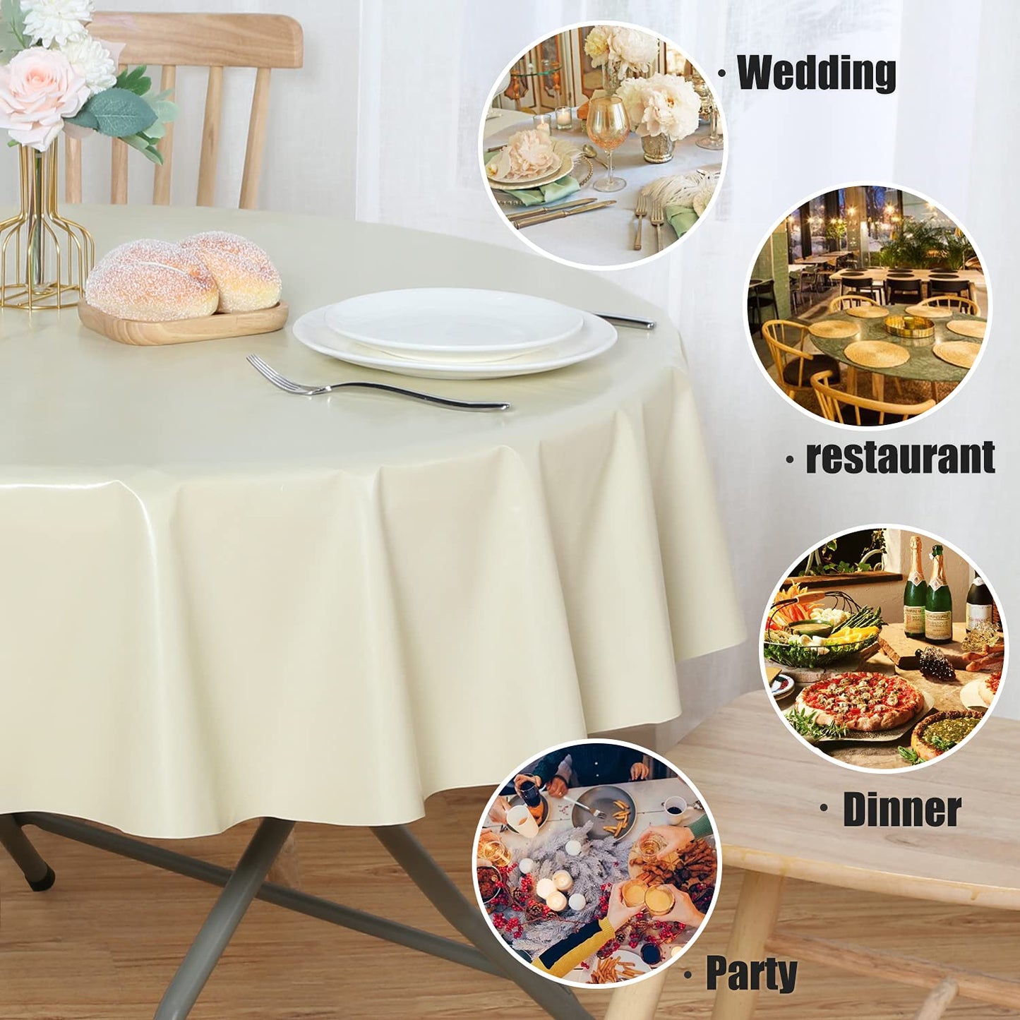 sancua 100% Waterproof Round PVC Tablecloth - 60 Inch - Oil Proof Spill Proof Vinyl Table Cloth, Wipe Clean Table Cover for Dining Tables, Buffet Parties and Camping, Beige
