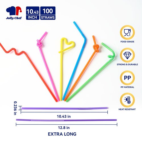 JOLLY CHEF 100PCS Plastic Disposable Straws Bendable Colorful Drinking 10.43 Inches Extra Long Colorful Flexible Straws for Home Use Milk Juice Drinks