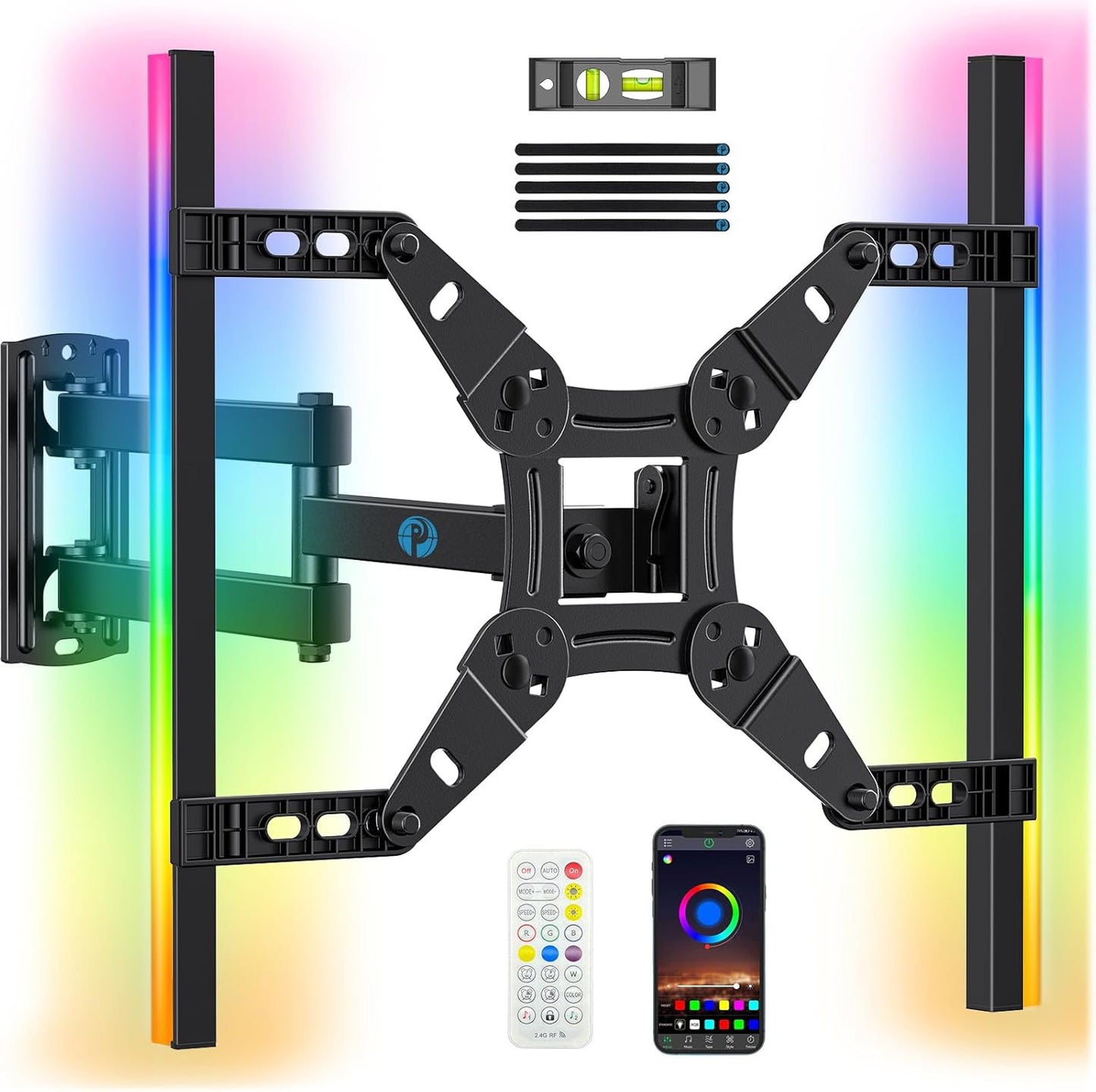 Pipishell Full Motion TV Wall Mount - LED Light & Music Sync for 13"-43" TVs Up to 44 lbs | Max VESA 200x200mm