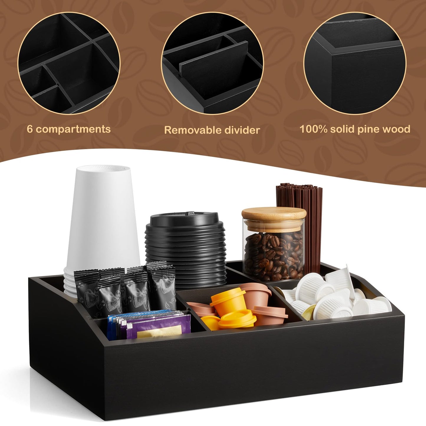 GCWSTJK Black Coffee Station Organizer for Countertop, Coffee Bar Accessories and Organizer, Coffee Pod Holder Storage Basket for K Cup Sugar Tea