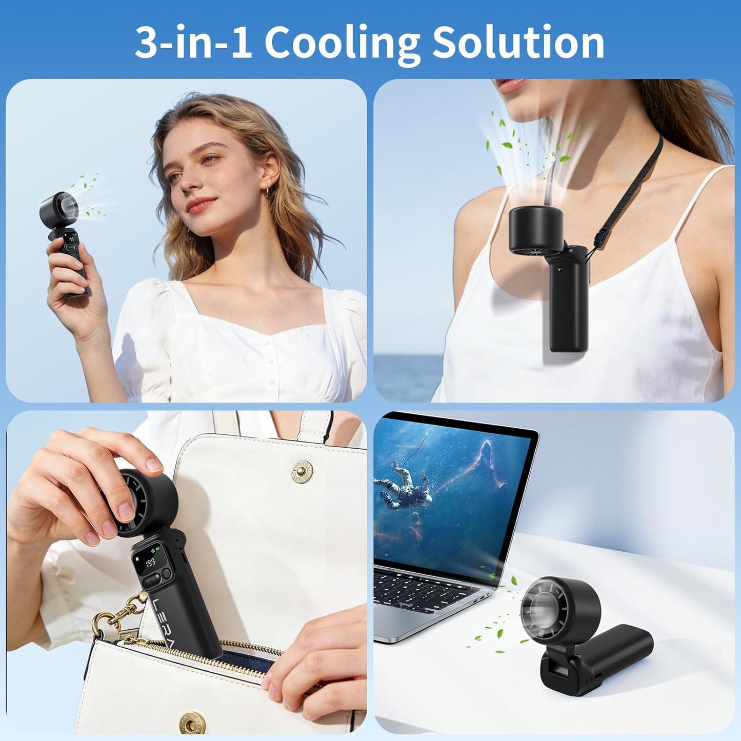 Lerat Portable Handheld Turbo Fan - 5-Speed Mini Fan with 4000mAh Rechargeable Battery | 3-in-1 Foldable Design for Travel & Beach, Black