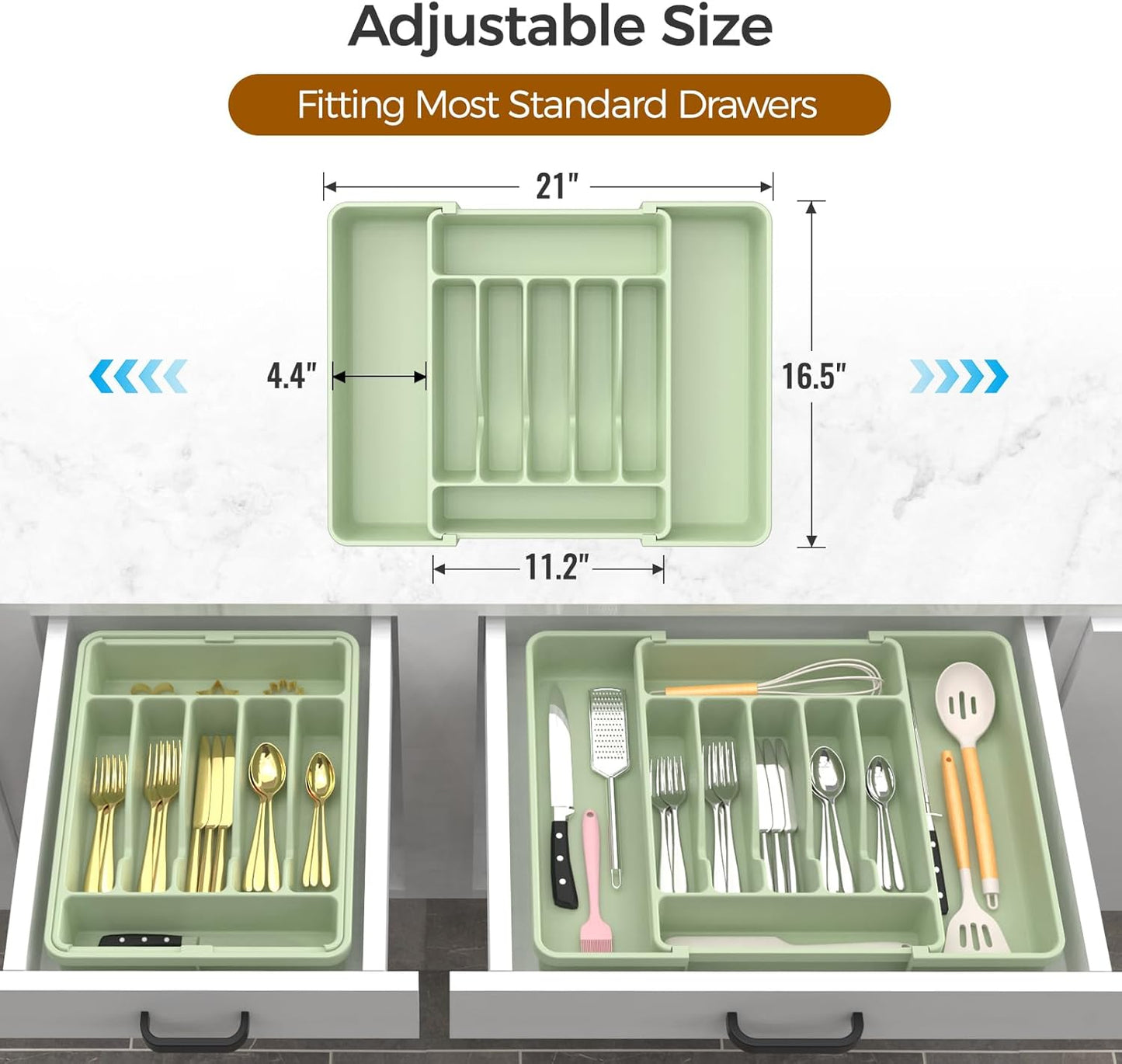 Ukeetap Extra Large Expandable Silverware Organizer - BPA-Free Cutlery Drawer Holder | Adjustable Green Design