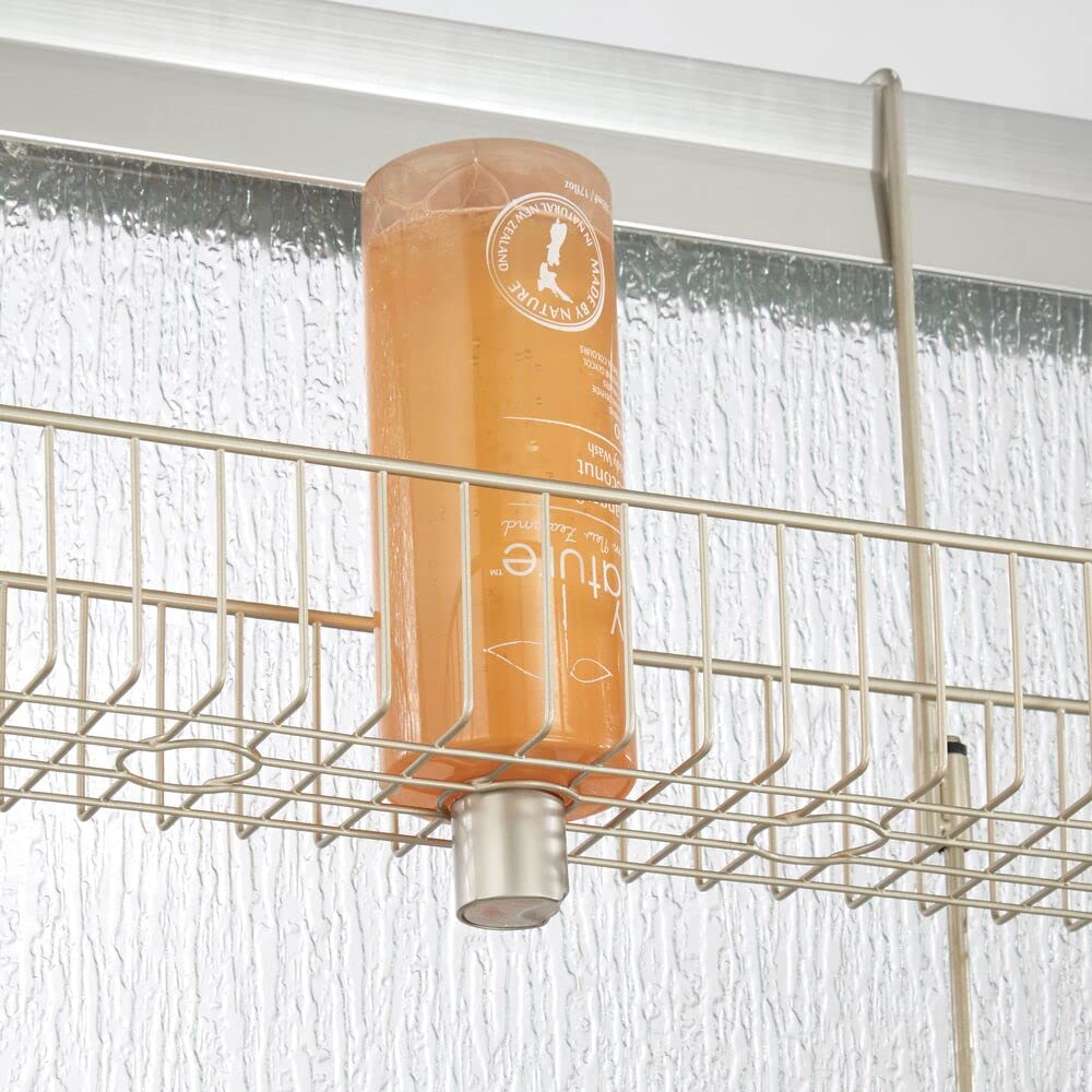 mDesign Extra Wide Metal Wire Over The Bathroom Shower Door Caddy, Hanging Storage Organizer Center with Built-in Hooks and Baskets on 2 Levels for Shampoo, Body Wash, Loofahs - Satin
