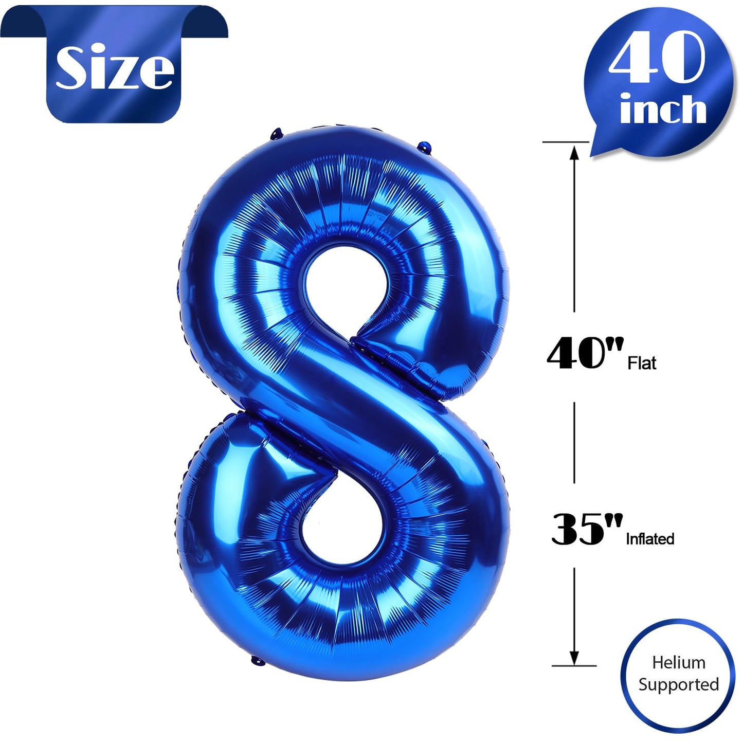 Metallic Blue Number 8 Balloon 40 Inch, 8th Birthday Party Decorations for Children, Giant 8 Foil Balloon for Party Supplies
