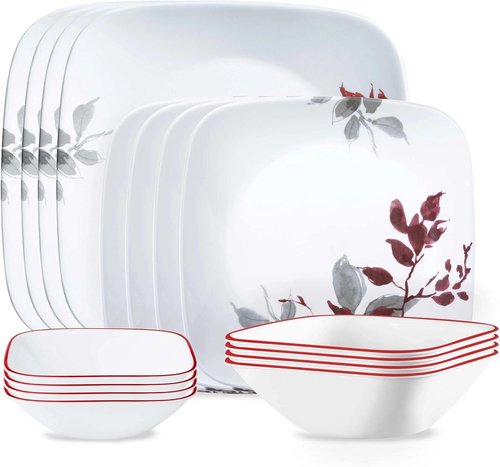 Corelle Kyoto Leaves Dinnerware Set - 16pc Service for 4 | Chip & Break Resistant White Plates & Bowls