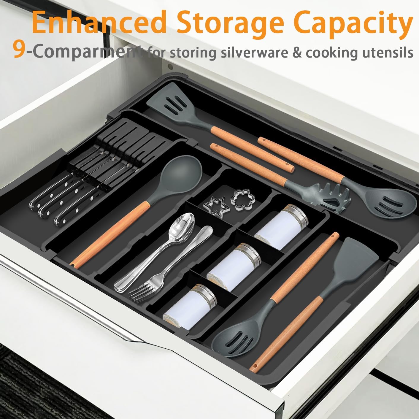 Skiennix Large Utensil Drawer Organizer - Expandable Silverware Holder with Removable Knife Block | Black
