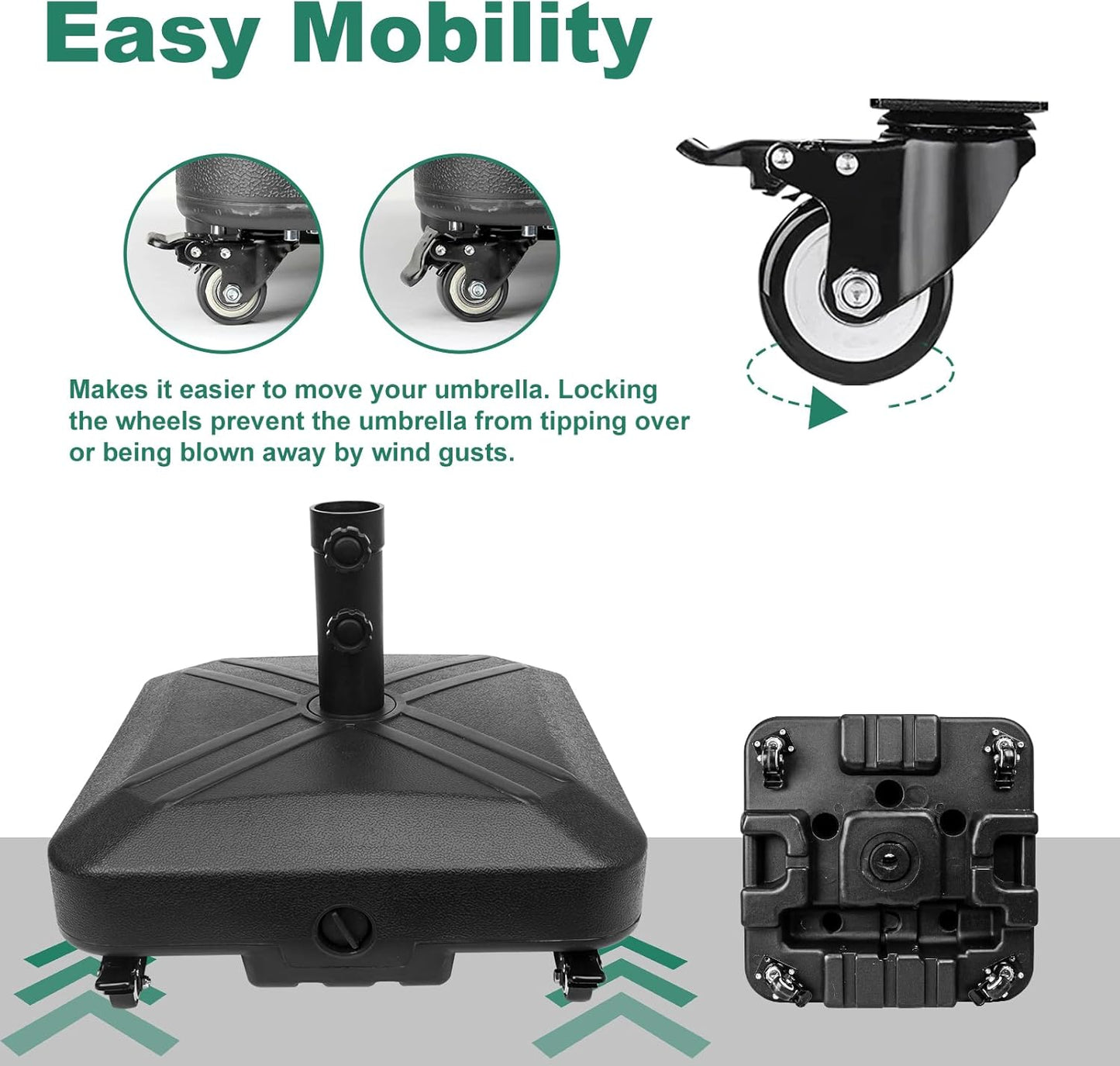 Skiennix Heavy-Duty Patio Umbrella Base with Wheels - Square Market Stand, 125lb Capacity, Black