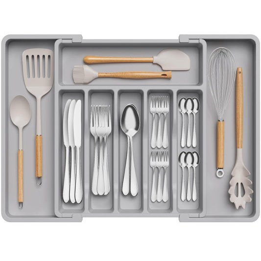 Lifewit Silverware Drawer Organizer, Expandable Utensil Tray for Kitchen, BPA Free Flatware and Cutlery Holder, Adjustable Plastic Storage for Spoons Forks Knives, 13-22 x 15", Grey