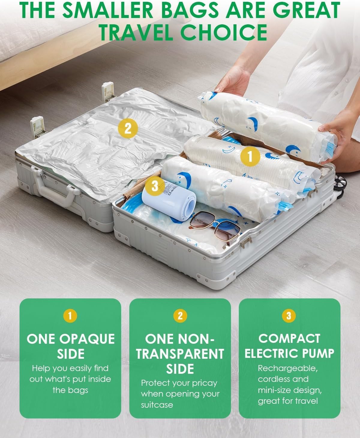Skiennix Vacuum Bags for Travel - 25 Pack Compression Packing Bags with Rechargeable Air Pump | Space Saver for Luggage & Clothing