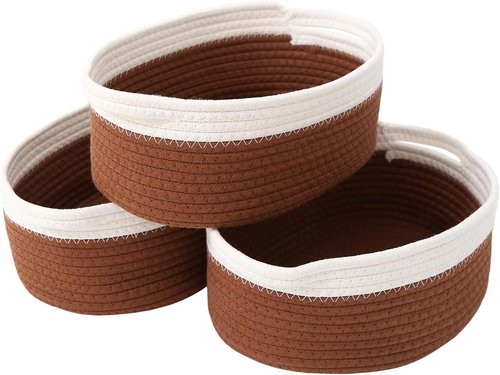 JMvicyroam Woven Storage Baskets - Small Rope Organizer Bins with Handles | White & Brown, 3-Pack