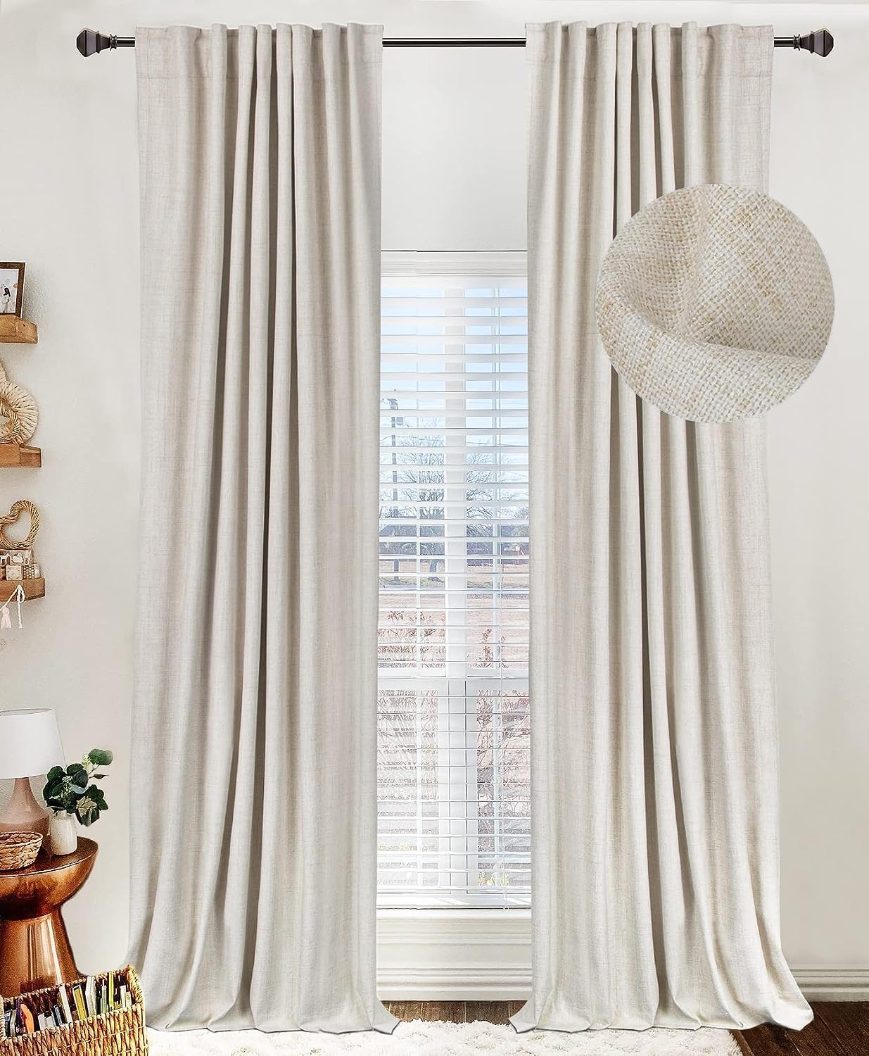 Skiennix 100% Blackout Linen Curtains - Thermal Insulated Drapes for Bedroom | 63" Long, Cream, 2 Panels Set