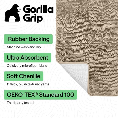 GORILLA GRIP Bath Rug Mat - Thick Absorbent Chenille | Quick-Dry Microfiber, 60x24, Gray Beige