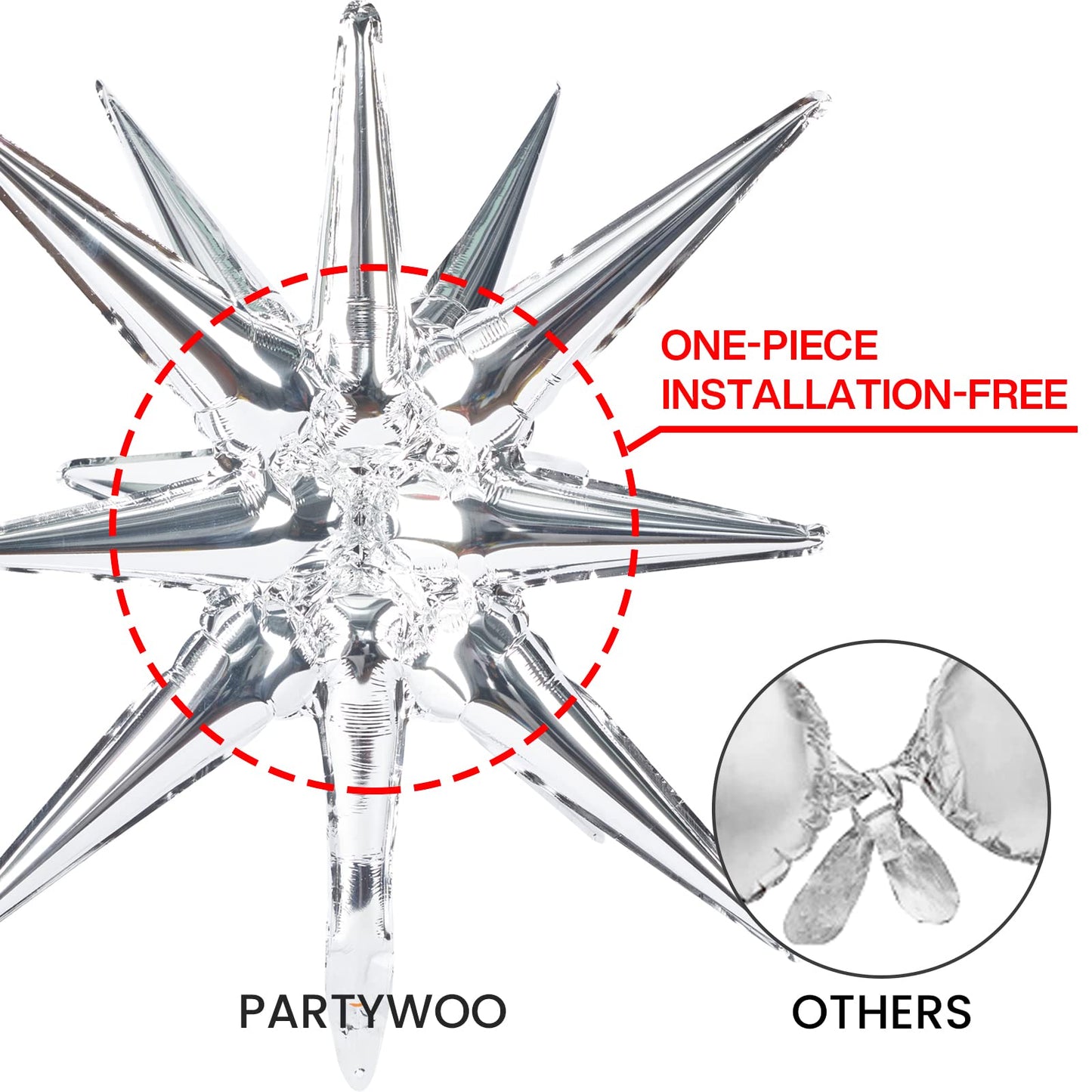 PartyWoo Metallic Silver Star Foil Balloons 6pcs Different Sizes Pack of 27 22 Inch Explosion Spike Mylar Balloons for Graduation Anniversary Bachelorette Engagement Birthday Party Decorations