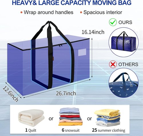 Cryster Heavy Duty Moving Bags - Extra Large Storage Totes with Zippers & Sturdy Handles | 6 Pack, Blue