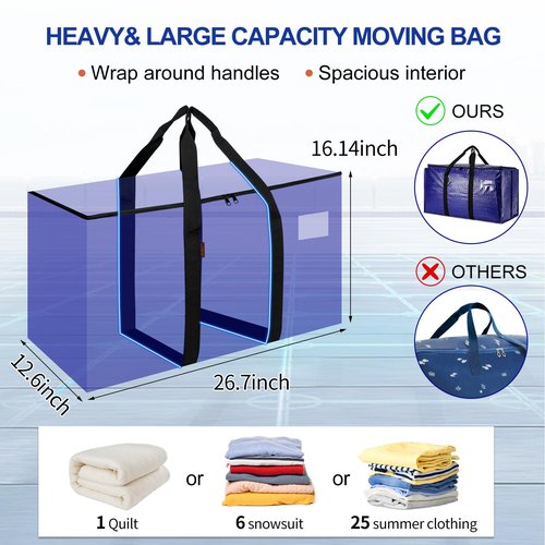 Cryster 6 Pack Moving Bags Heavy Duty, Extra Large Storage Totes Bag with Zippers and Sturdy Handles, Packing Bags for Moving, Storage, Travel, Space Saving, Moving Boxes College Essentials Blue