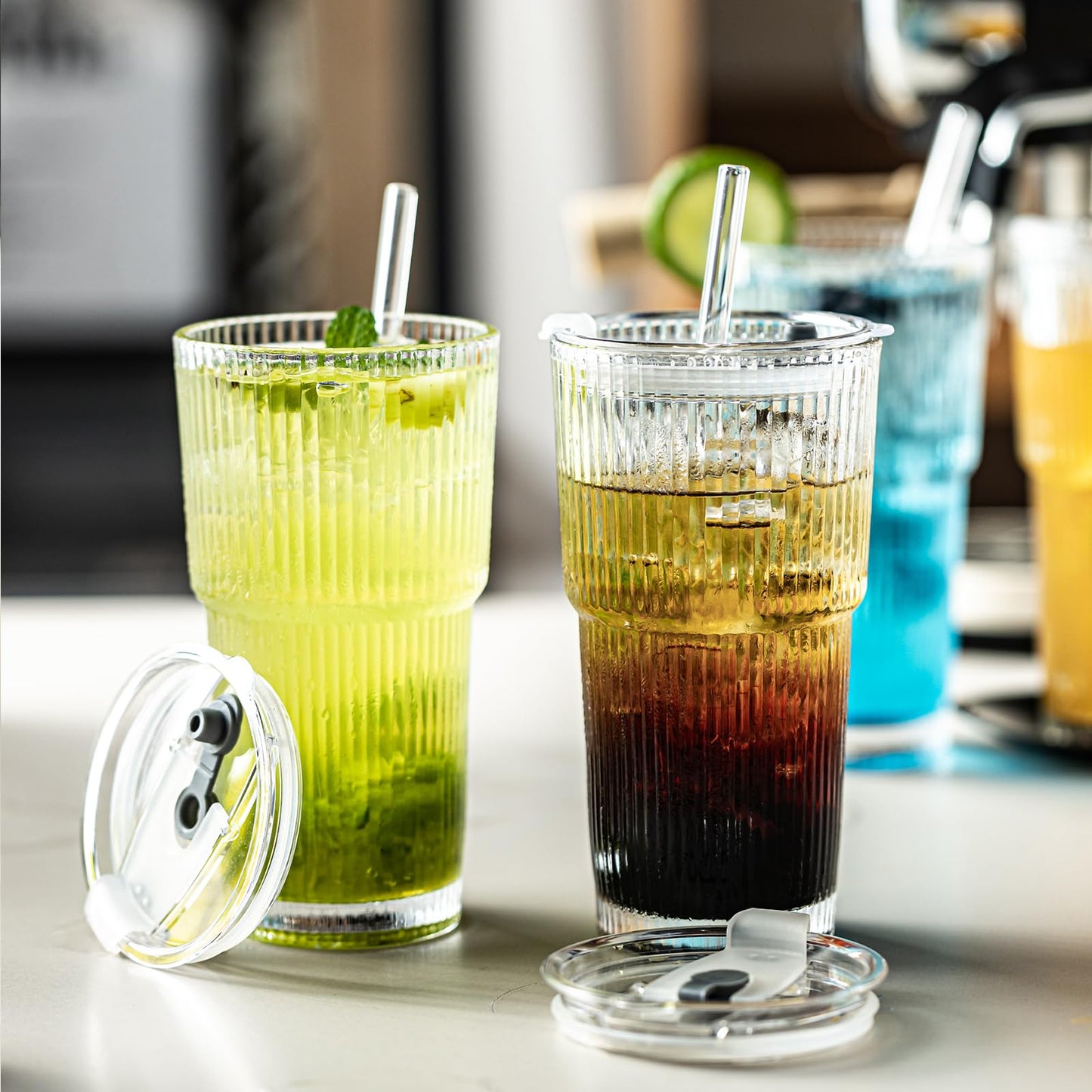 wangsdjy 20oz Ribbed Drinking Glasses with Lids and Glass Straws-Thickened Glass cup -Vintage glass straw cups- Ideal for Iced Coffees, Cocktails, Juices, Family Use and Parties (4)