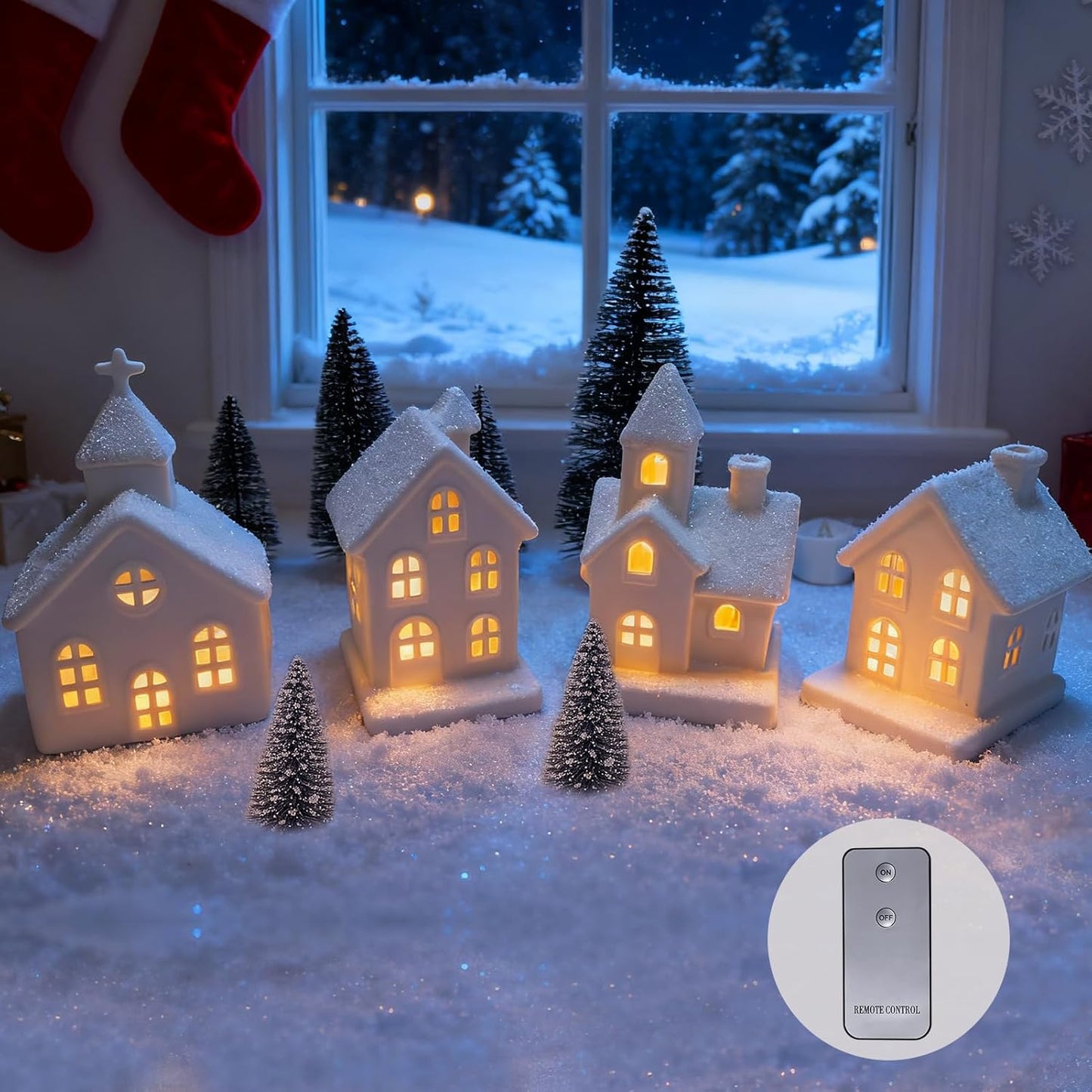 Regine Switzerland Light Up Christmas Village Set - 4 Ceramic Houses & 5 Xmas Trees | Winter White Decor