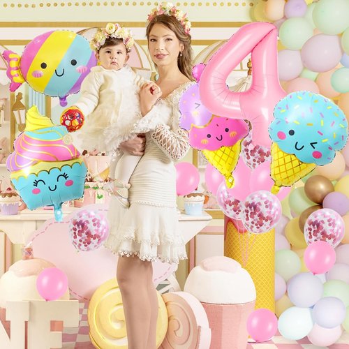 Ice Cream Balloons Number 4 Balloons 40 Inch, Ice Cream Birthday Party Decorations, 4 Balloon Number for Candy Birthday Party Decorations