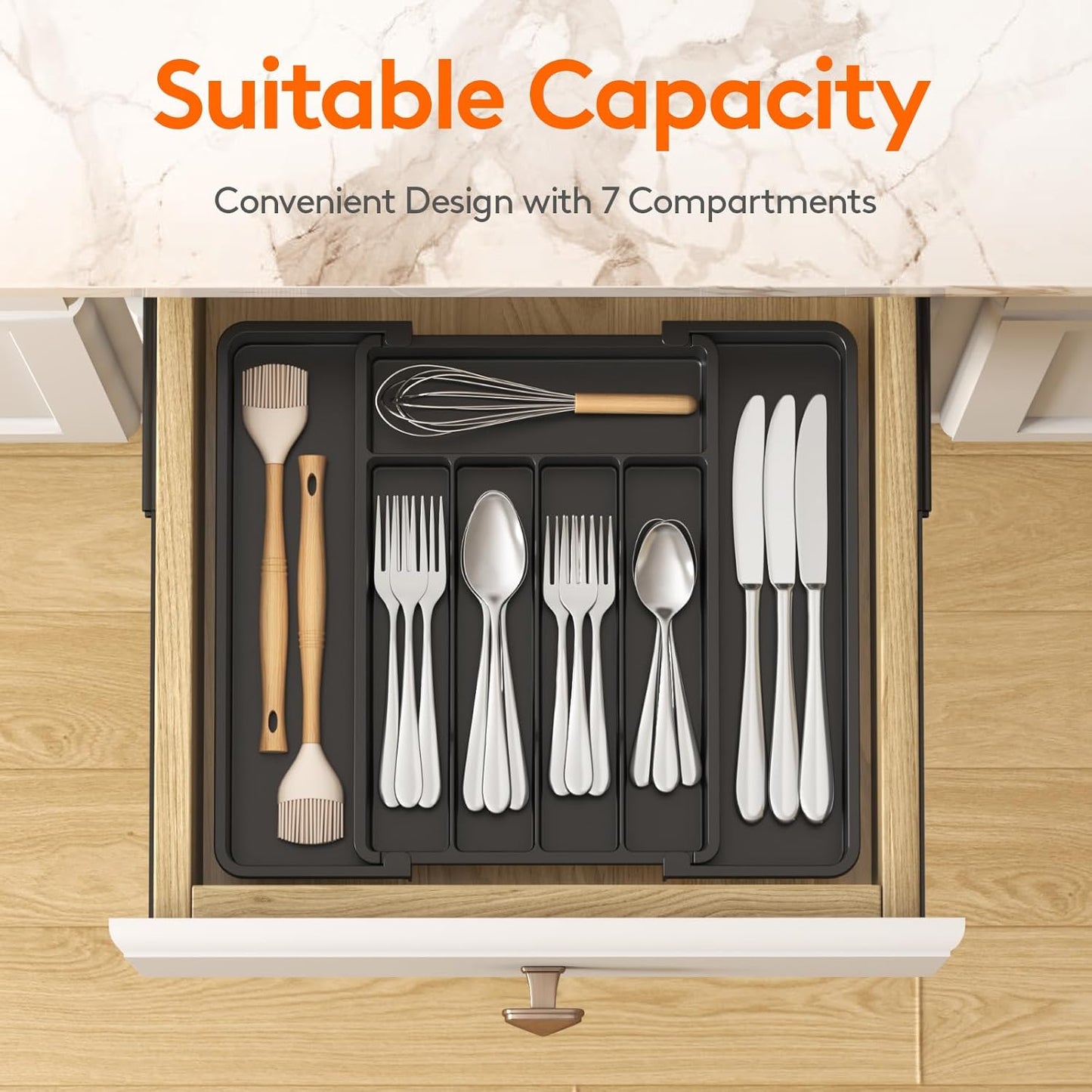 Lifewit Expandable Silverware Organizer - BPA-Free Plastic Utensil Tray for Kitchen Drawers | Black, 8.5-14 x 12 x 1.5 Inch