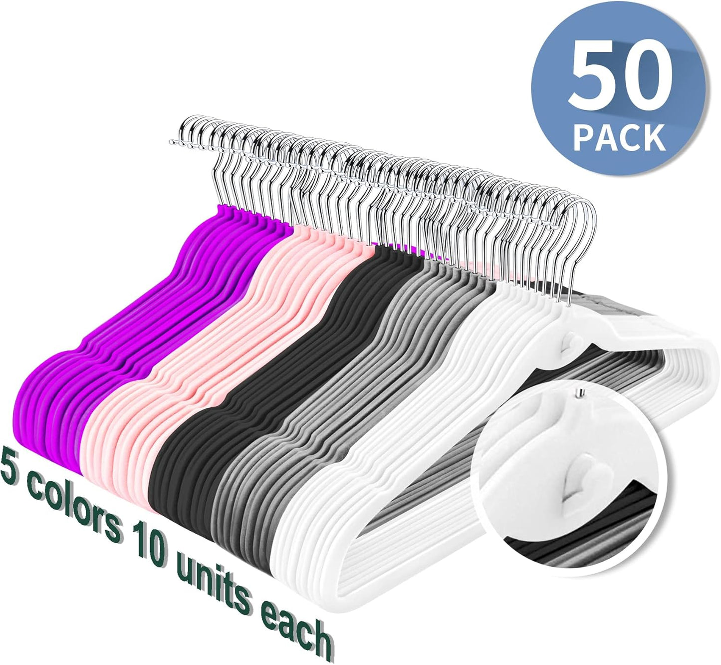 Skiennix Multi-Color Velvet Hangers - 50 Pack Non-Slip Cascading Hooks in Black, Pink, White, Grey & Purple