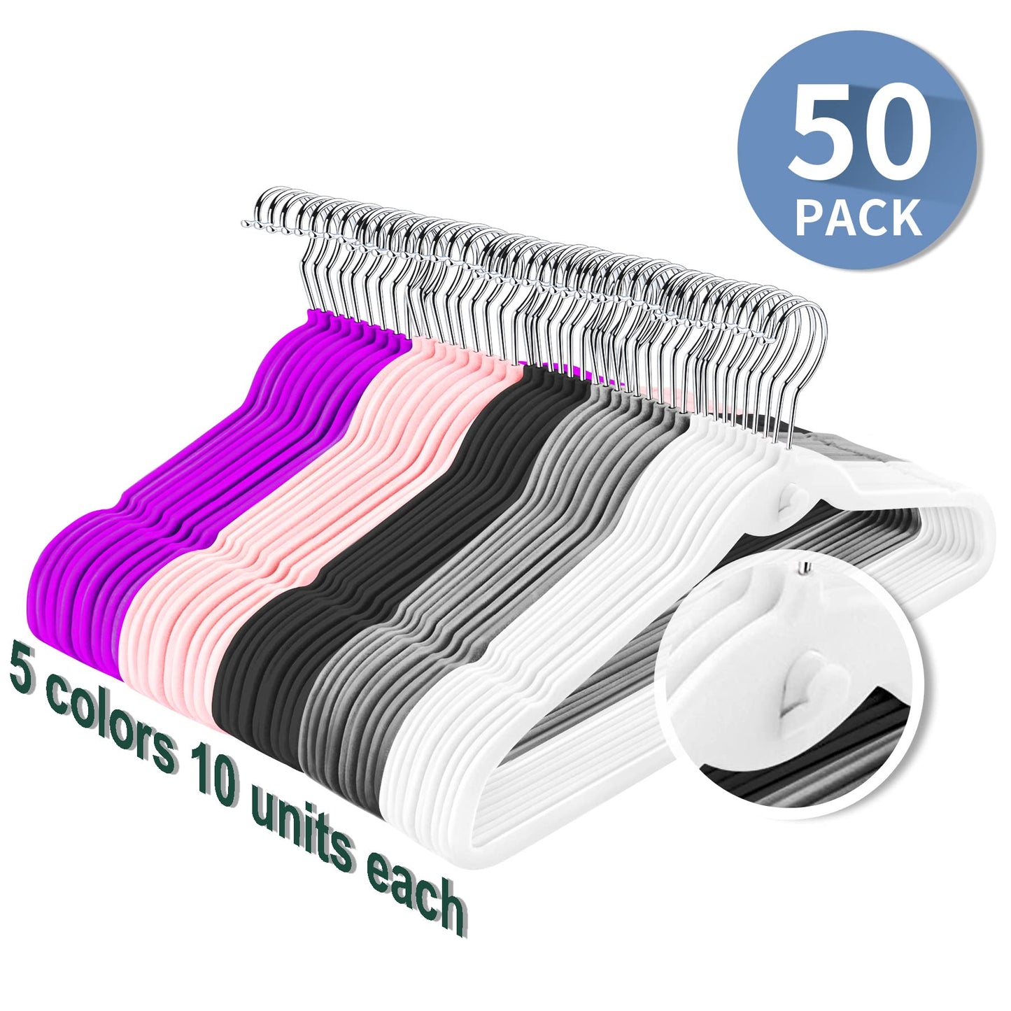 Multi-Color Velvet Hangers 50 Pack with Cascading Hooks, Non-Slip Black, Pink, White, Grey, and Purple Velvet Hangers for Clothes, Suits, and Coats