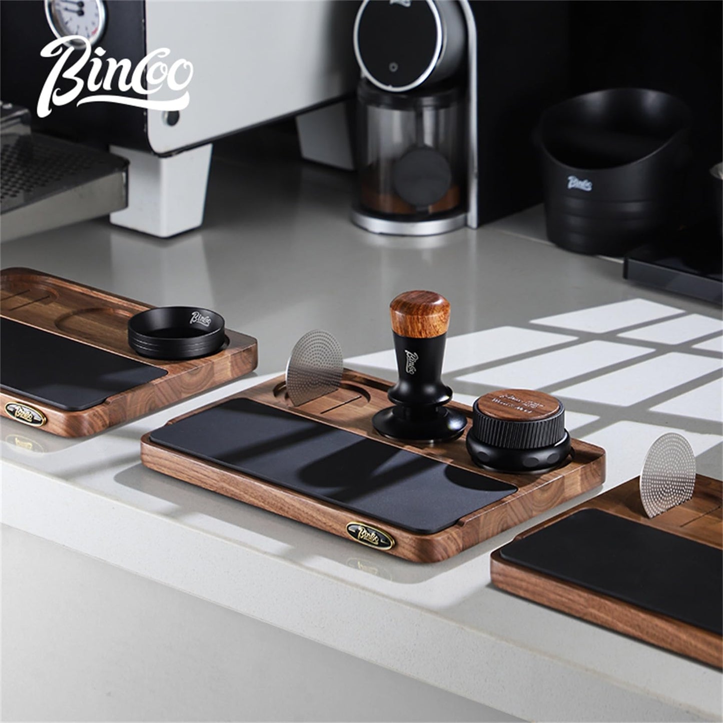 Bincoo Wood Espresso Tamping Station for 51 53 54 58mm Espresso Tools,Tampere Holder Station with Multi-Slot for Home Coffee Bar,Tamping Mat for Counter(WOOD)