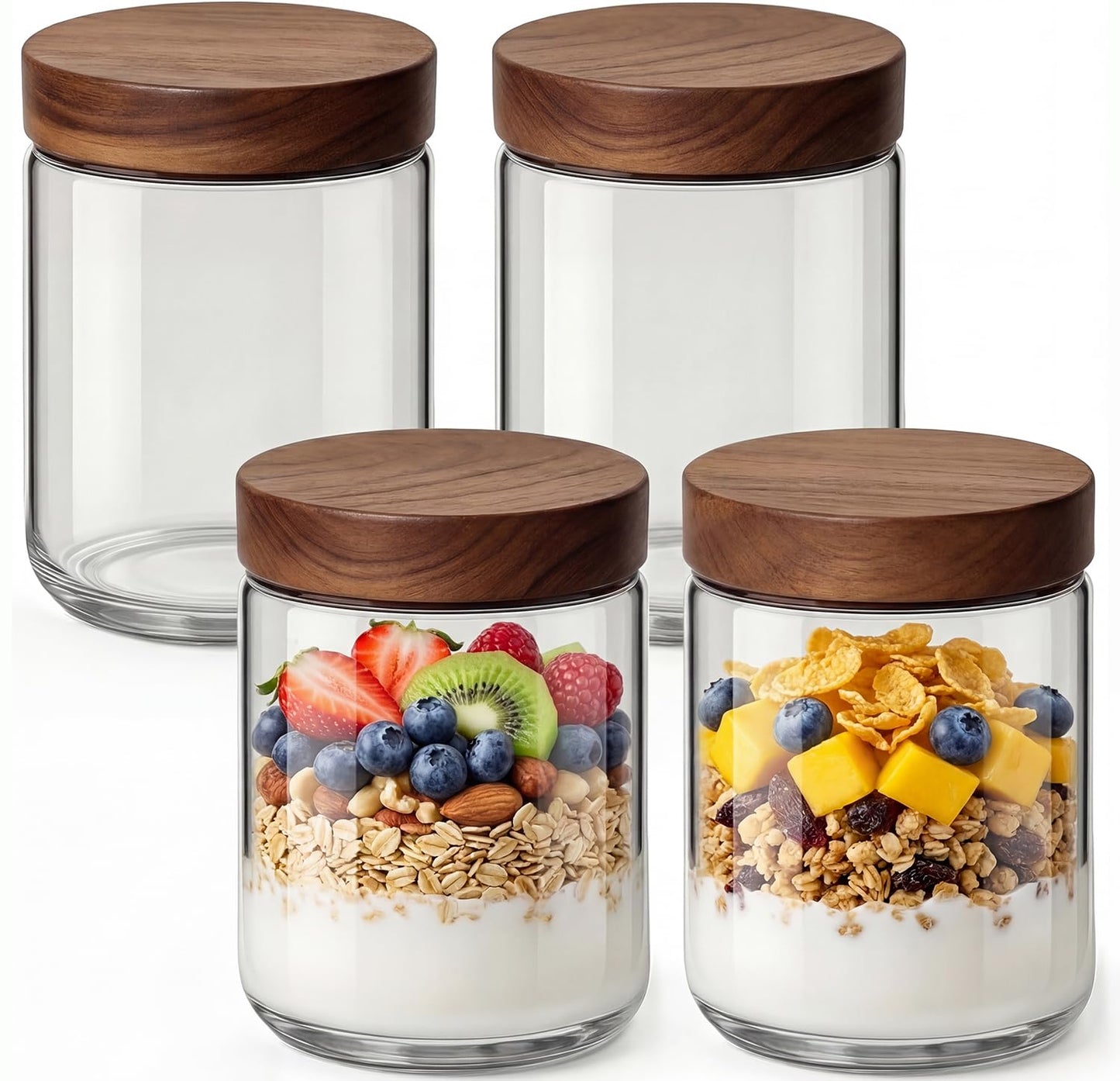 Osfel 16oz 4 Pack Overnight Oats Containers with Lids, Glass Mason Jars with Acacia Wood Airtight Lids, Wide Mouth Meal Prep Storage Jars for Yogurt, Chia Pudding, Salad, Parfait, Snacks, Spice