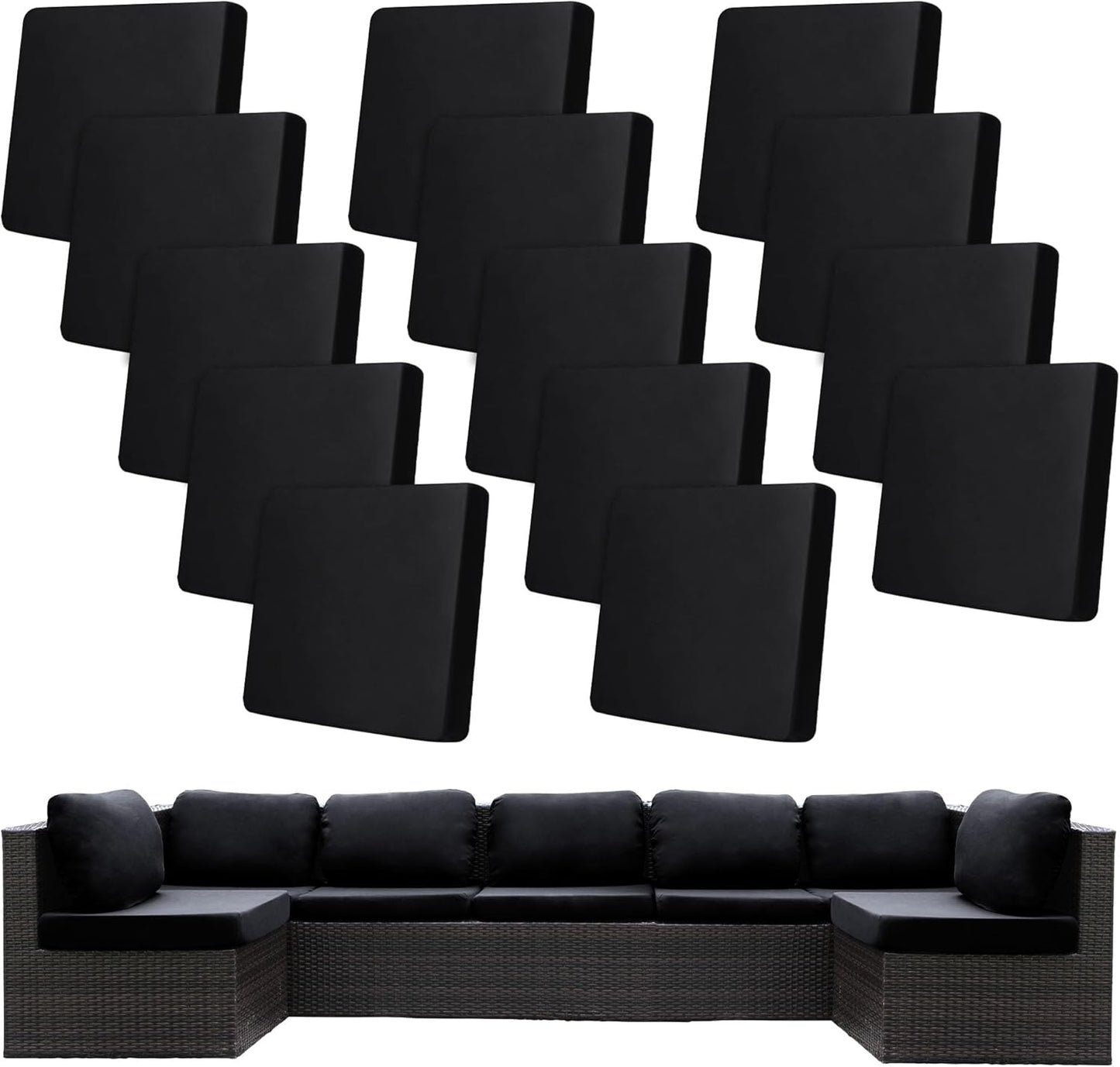 Skiennix 14 Pcs Stretch Patio Cushion Covers - Washable Outdoor Sofa Slipcovers | Black