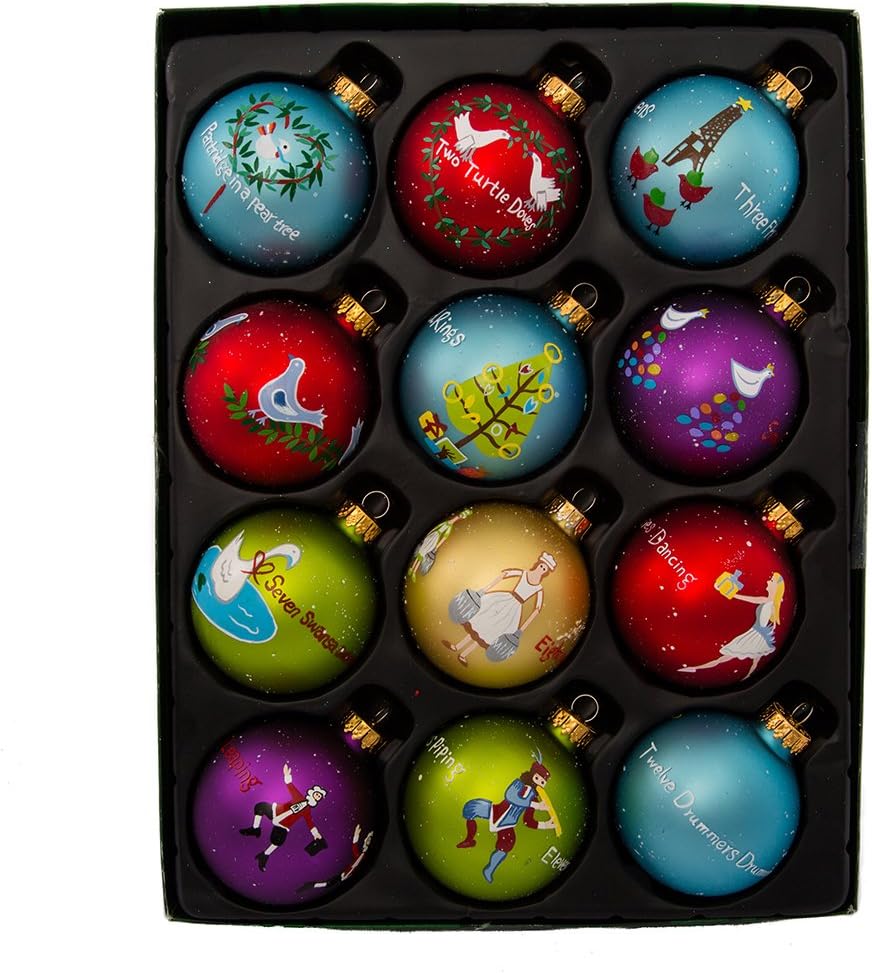 Kurt Adler Twelve Days of Christmas Ball Ornaments - 65mm Set of 12 for Festive Decor