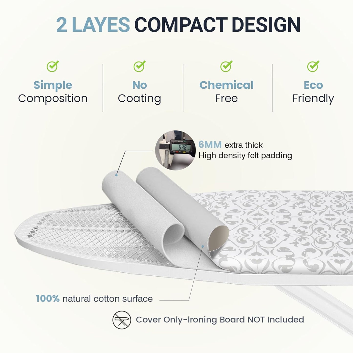 UniSimp Ironing Board Cover - Extra Thick Natural Cotton, Scorch Resistant, 15"x54" Size, Heatproof Ash
