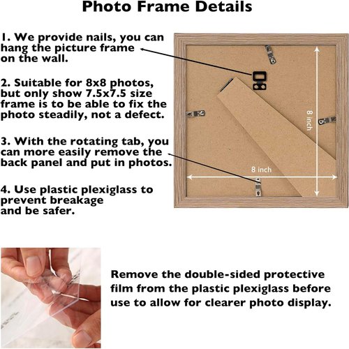JCJMY 8x8 Picture Frame - Rustic Brown Wall Mount & Tabletop Display | Durable Shatter-Resistant Plexiglass