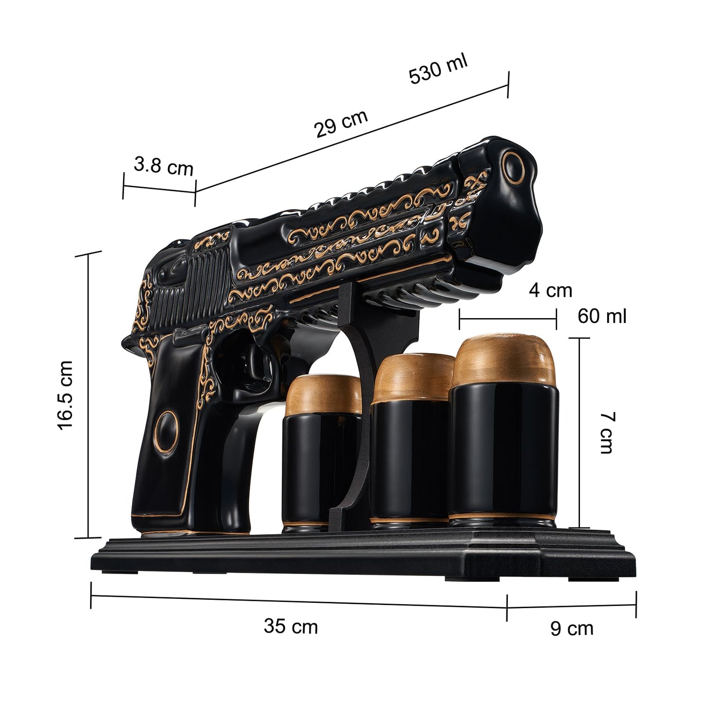 Gifts for Men Dad Hand Painted Gun Whiskey Decanter Set & Shot Glass - Black & Gold & 3 Bullet Shots - Unique Birthday Christmas Gift for Brother, Cool Anniversary Present Him Husband, Pistol Liquor
