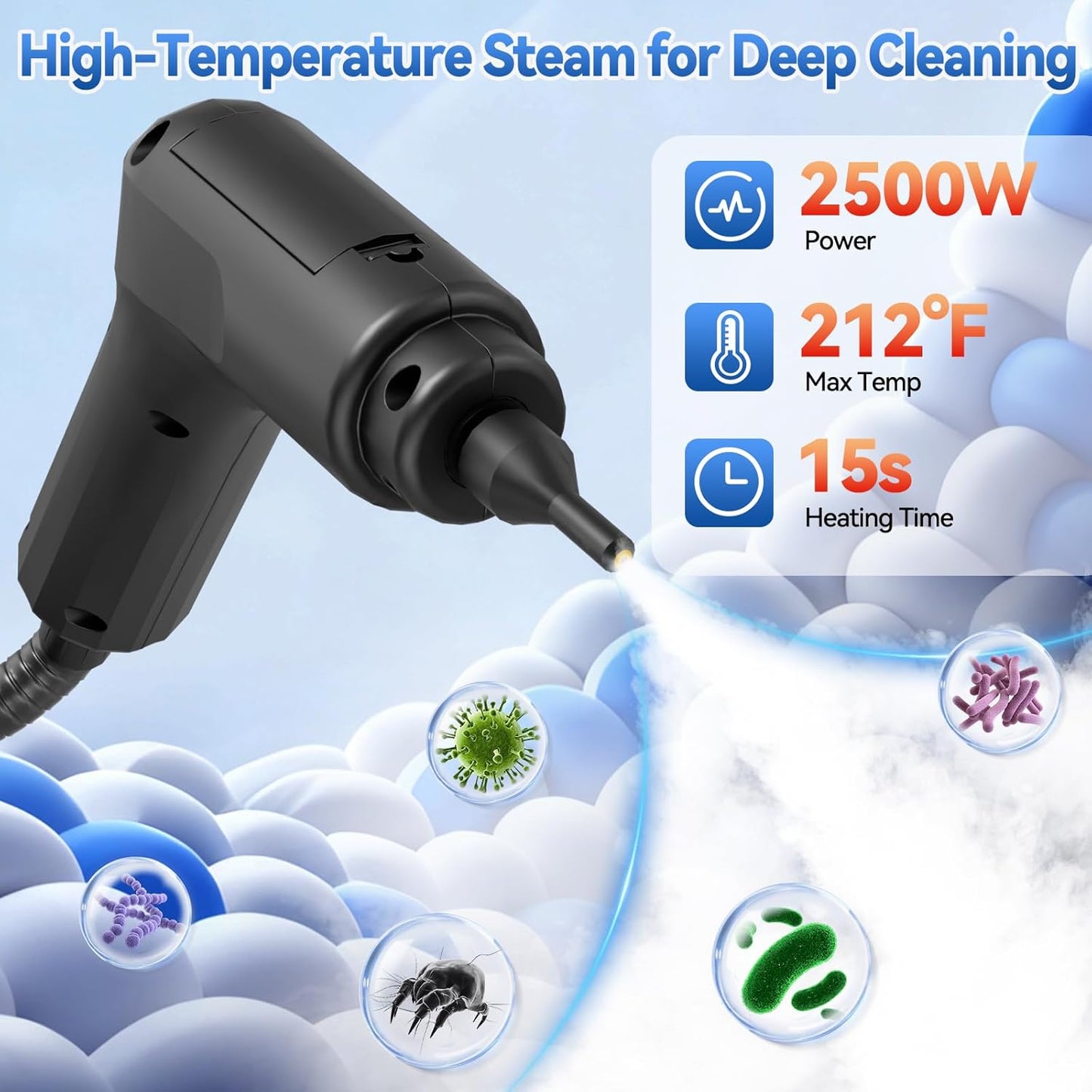 Skiennix Steam Cleaner - 2500W High-Pressure Steamer with 1.4L Tank & 14 Accessories | Fast Heat-Up in 15s