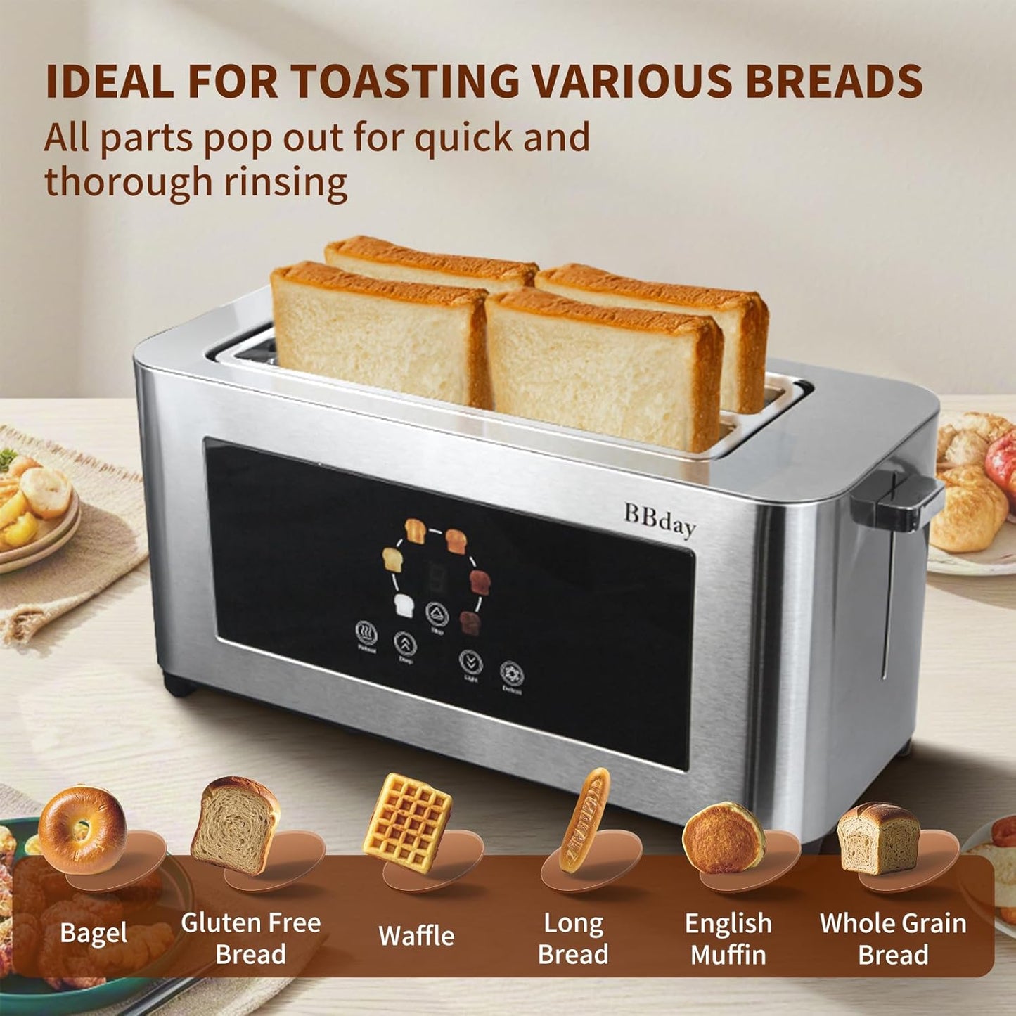 Smart Toaster by Touch Screen - 4 Slice LCD Display, 1.6" Long Slot, 6 Shade Settings, Defrost & Reheat