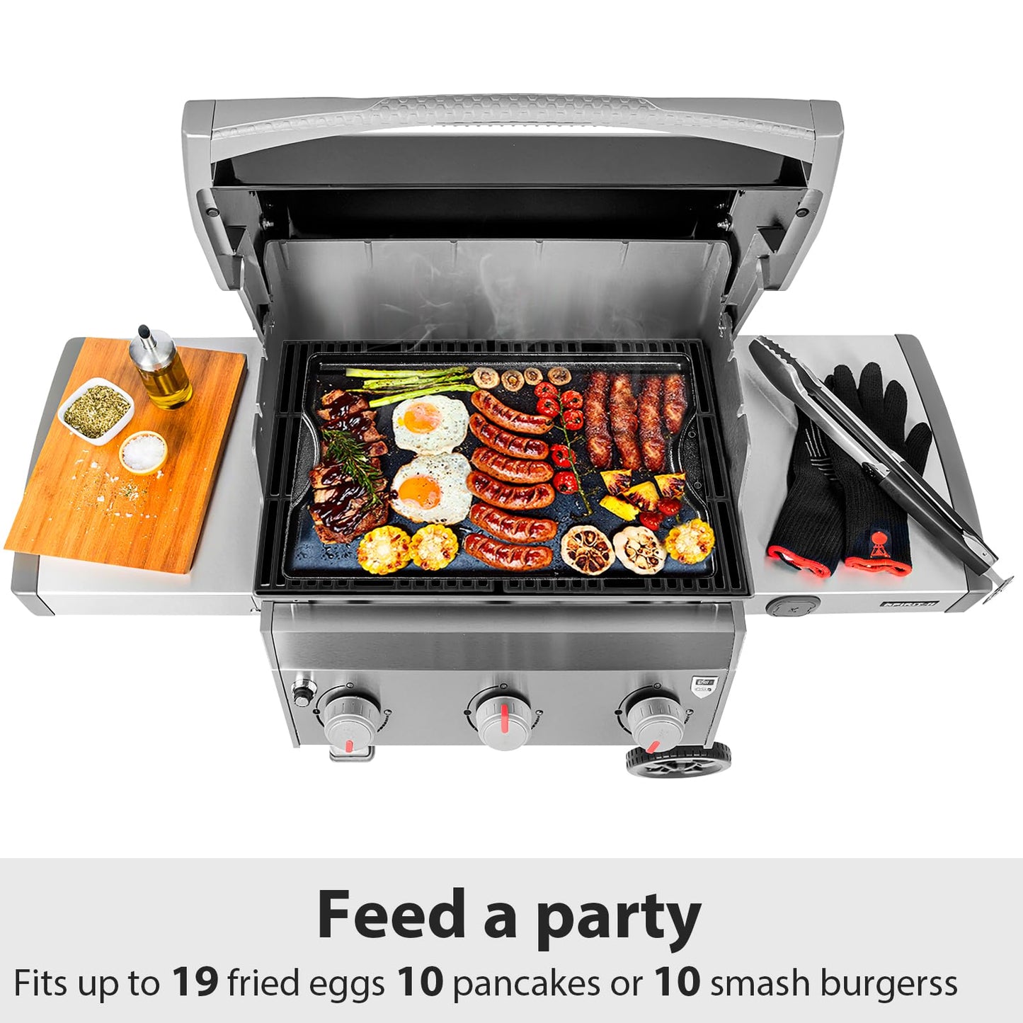 Utheer Nonstick Reversible Cast Iron Griddle 19.5"x 10.5", Ceramic Cooking Surface, Flat & Ribbed Sides, with High Sides & Grease Trap, Stovetop Griddle for Gas Grill, Charcoal, Oven & Outdoor BBQ