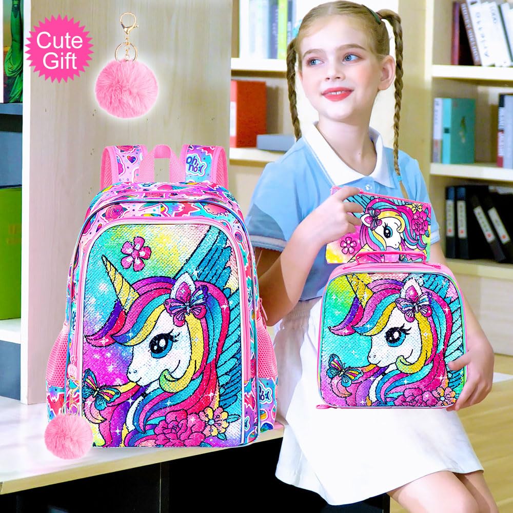 ZLYERT 3Pcs Unicorn Backpack for Girls, Sequin Bookbag for Elementary Preschool Students, 16" Kids Backpacks with Lunch Box(Pink)