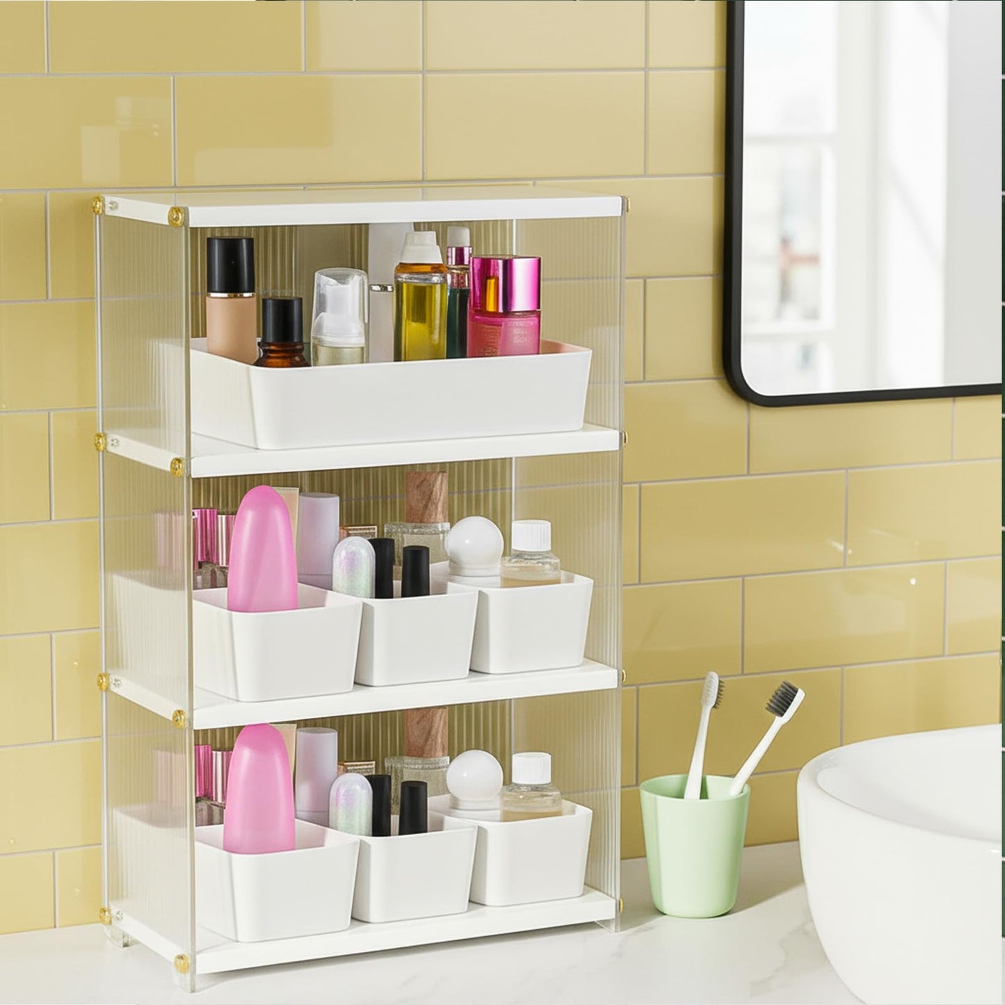 Kifmurase 11Pcs Stackable Plastic Drawer Organizer Set, 3 Sizes Desk Drawer Divider Organizers, Vanity Organizer Trays for Makeup, Jewelry, Gadgets, Bathroom Storage Bins for Kitchen, Bedroom