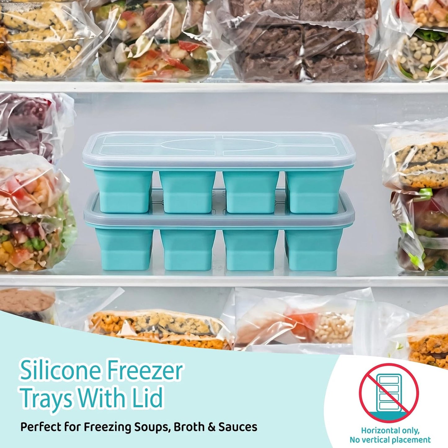 Skiennix Foldable Silicone Freezer Trays - 1-Cup Soup Molds with Lids | BPA-Free, Stackable Meal Prep Containers
