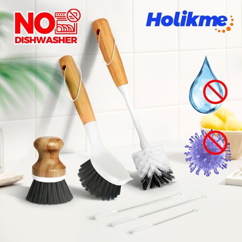 Holikme Dish Brush Set - 6 Pack with Long Handle, Bottle Brush & Palm Scrub for All Cookware - Dark Gray