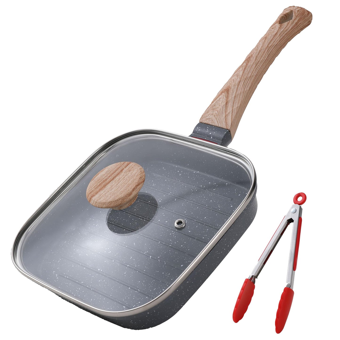 Foorey Home Grill Pan with Lid Non Stick Griddle Pan for Stove Top Indoor Cooking Steak Pan Square Aluminum Skillet Grilling Induction Compatible with Tong Gray 7.48 inches
