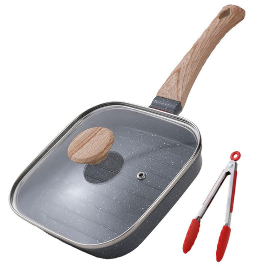 Foorey Home Grill Pan with Lid Non Stick Griddle Pan for Stove Top Indoor Cooking Steak Pan Square Aluminum Skillet Grilling Induction Compatible with Tong Gray 7.48 inches