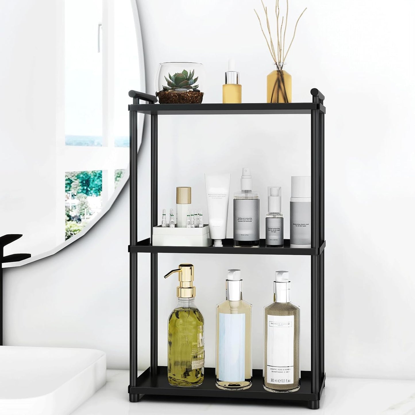 VOTZAAQ 3-Tier Bathroom Organizer - Stainless Steel Perfume Tray & Vanity Shelf | Matte Black