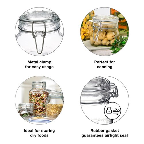 Bormioli Rocco Fido 17.5 Ounce Glass Storage Jars: Airtight Hinged Lid With Leak Proof Gasket, Wide Mouth Food Container - For Zero Waste Air Tight Preserving Jam, Spices, Coffee, Sugar & Herbs
