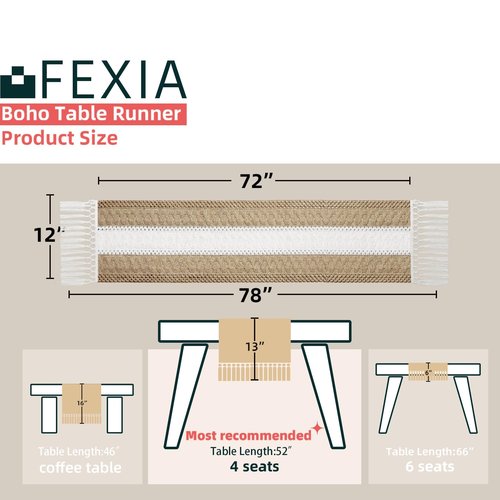 FEXIA Boho Table Runner for Home Decor with Tassels 72 Inches Long Farmhouse Rustic Brown Macrame Burlap Table Decoration for Living Room Bridal Shower (12x72 Inches)