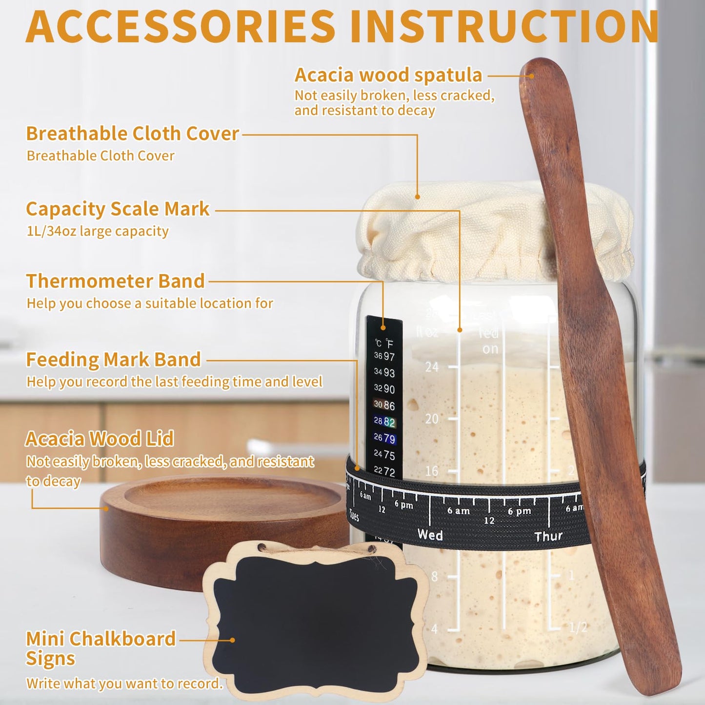 Sourdough Starter Jar Glass, 34 Oz DIY Wide-mouth Pro Sourdough Starter Jar Kit with Acacia Spatula, Cholkboard Sign, Thermometer, Feeding Band, cloth cover, Reusable Sourdough Bread Baking Supplies.