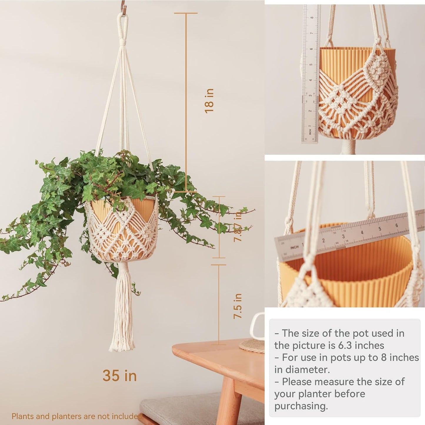 Skiennix Macrame Plant Hangers - Stylish Hanging Planters for 8-Inch Pots | 2-Pack, White
