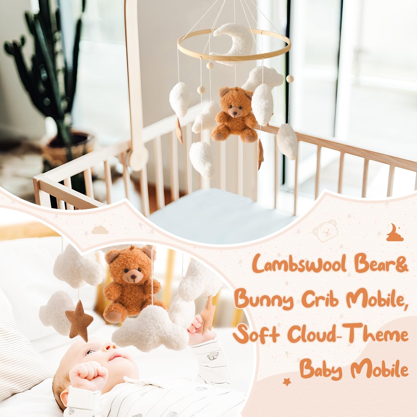 let's make Baby Mobile for Crib Bear Cloud Crib Mobile Handmade Furry Nursery Mobile Gender Neutral Crib Toy Hanging for Nursery Decor Accessories